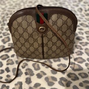 Vintage Gucci Brown Beige GG Canvas Crossbody with Green-Red Web Stripe